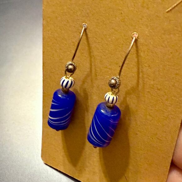 4 for $20 Sale- Handcrafted Blue & White Swirly Tubular Glass Bead Earrings - Picture 3 of 6